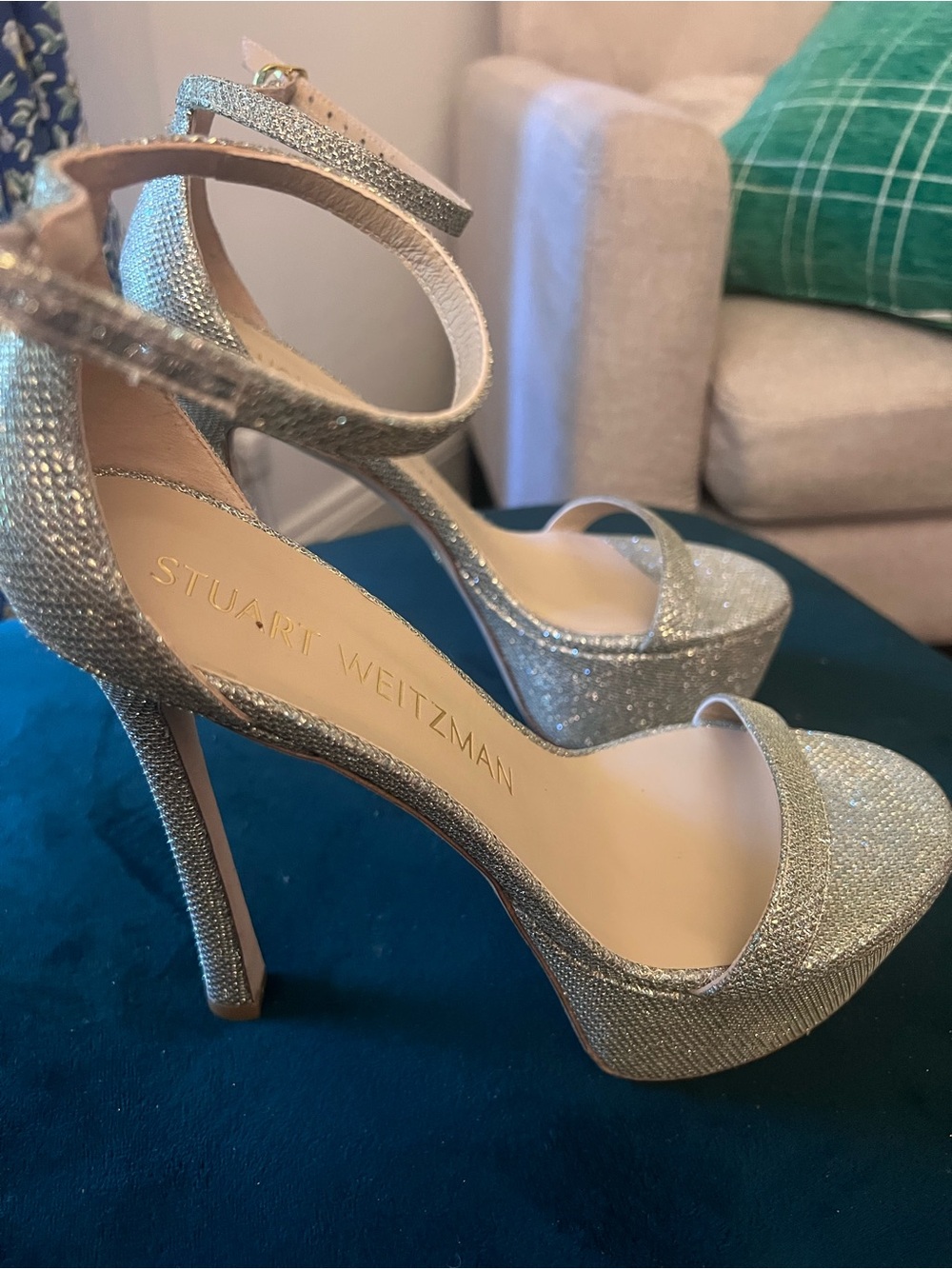 Stuart Weitzman Silver Glitter Platform Ankle-Strap Heels